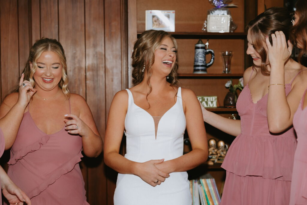 bride and bridesmaid reveal and their reactions, bride laughing