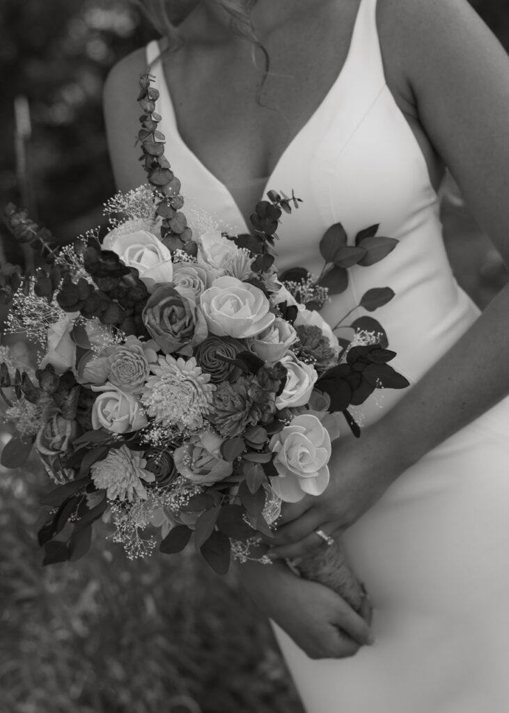 close up black and white boquet wedding photo