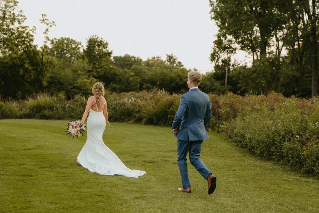 golden hour couple wedding portraits running