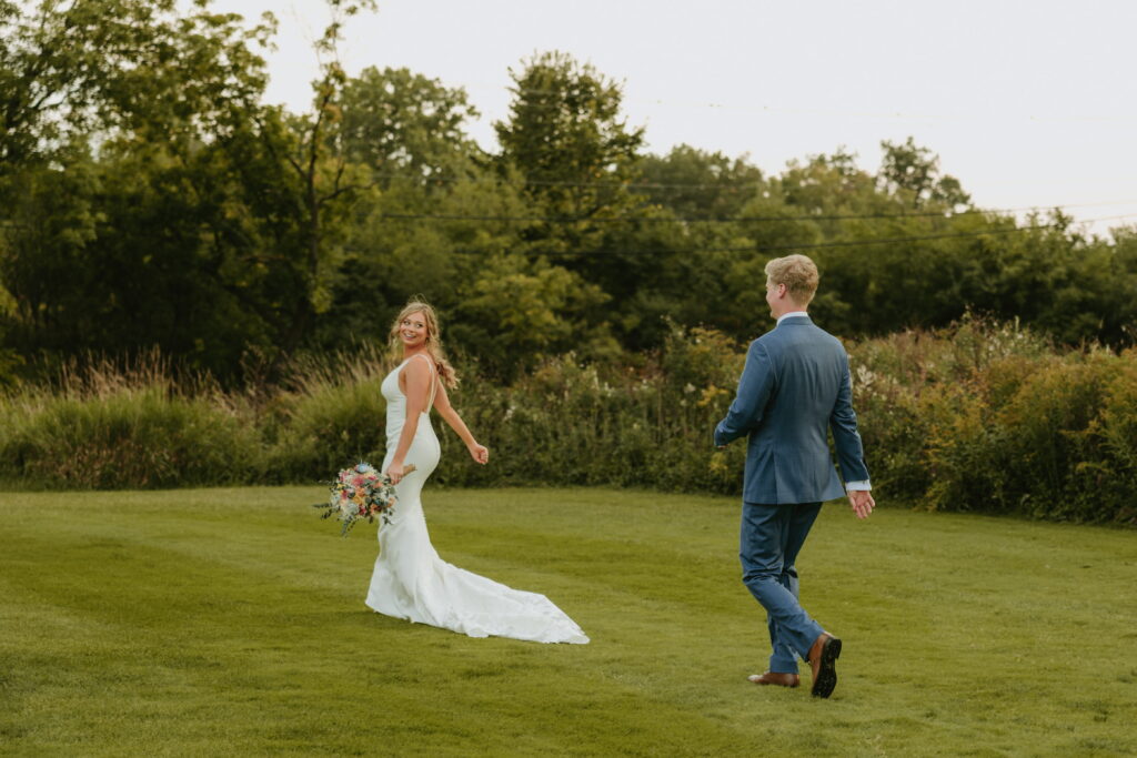 golden hour couple wedding portraits running