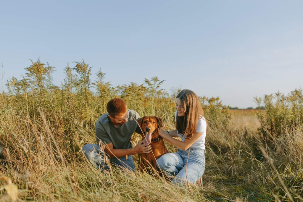 couple posing with dog for engagement photos in a field in wisconsin
